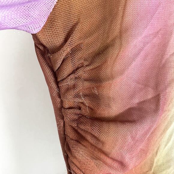 AFRM Maya Mesh Mini Dress Purple Motif Ruched Backless Long Sleeve Bodycon Sz XS - Picture 10 of 16